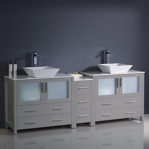 FRESCA FCB62-361236GR-CWH-V TORINO 84 INCH GRAY MODERN DOUBLE SINK BATHROOM CABINETS WITH TOPS AND VESSEL SINKS