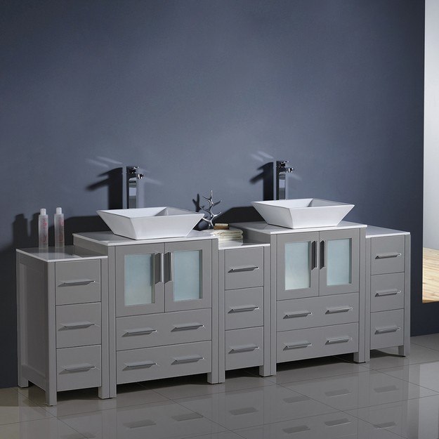 FRESCA FCB62-72GR-CWH-V TORINO 84 INCH GRAY MODERN DOUBLE SINK BATHROOM CABINETS WITH TOPS AND VESSEL SINKS