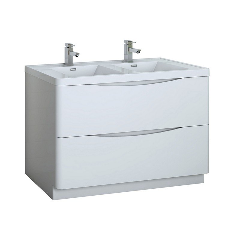 FRESCA FCB9148WH-D-I TUSCANY 48 INCH GLOSSY WHITE FREE STANDING MODERN BATHROOM CABINET WITH INTEGRATED DOUBLE SINK