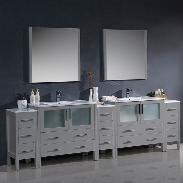 FRESCA FVN62-108GR-UNS TORINO 108 INCH GRAY MODERN DOUBLE SINK BATHROOM VANITY WITH 3 SIDE CABINETS AND INTEGRATED SINKS