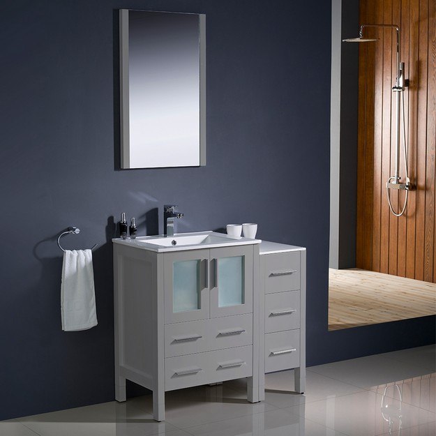 FRESCA FVN62-2412GR-UNS TORINO 36 INCH GRAY MODERN BATHROOM VANITY WITH SIDE CABINET AND INTEGRATED SINKS