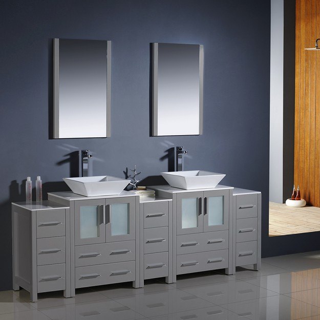 Fresca Fvn62 72gr Vsl Torino 84 Inch Gray Modern Double Sink Bathroom Vanity With 3 Side Cabinets And Vessel Sinks