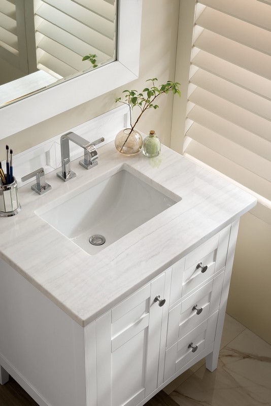 JAMES MARTIN 527-V30-BW-3AF PALISADES 30 INCH SINGLE VANITY IN BRIGHT WHITE WITH 3 CM ARCTIC FALL SOLID SURFACE TOP
