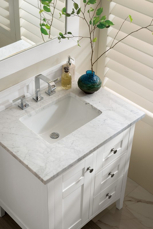 JAMES MARTIN 527-V30-BW-3CAR PALISADES 30 INCH SINGLE VANITY IN BRIGHT WHITE WITH 3 CM CARRARA MARBLE TOP