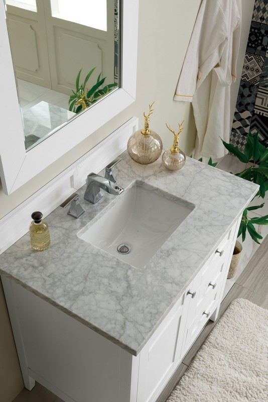 JAMES MARTIN 527-V36-BW-3CAR PALISADES 36 INCH SINGLE VANITY IN BRIGHT WHITE WITH 3 CM CARRARA MARBLE TOP