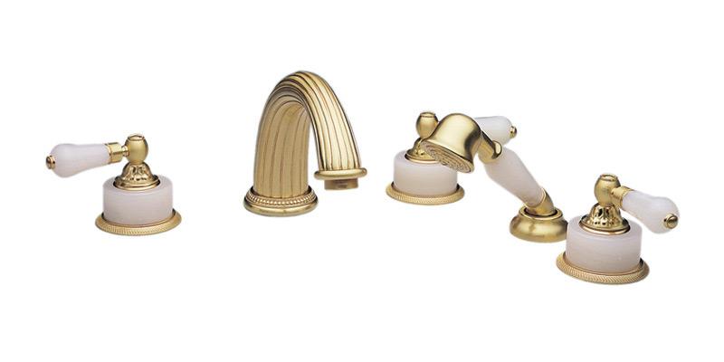 PHYLRICH K2243P1 VERSAILLES FIVE HOLES WIDESPREAD DECK TUB SET WITH HAND SHOWER AND PINK ONYX LEVER HANDLES