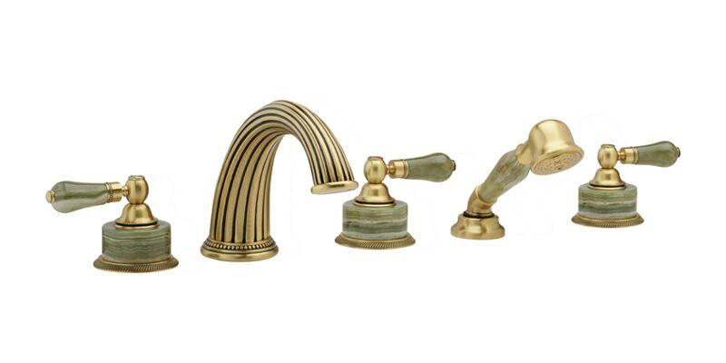 PHYLRICH K2270P1 REGENT FIVE HOLES WIDESPREAD DECK TUB SET WITH HAND SHOWER AND GREEN ONYX LEVER HANDLES