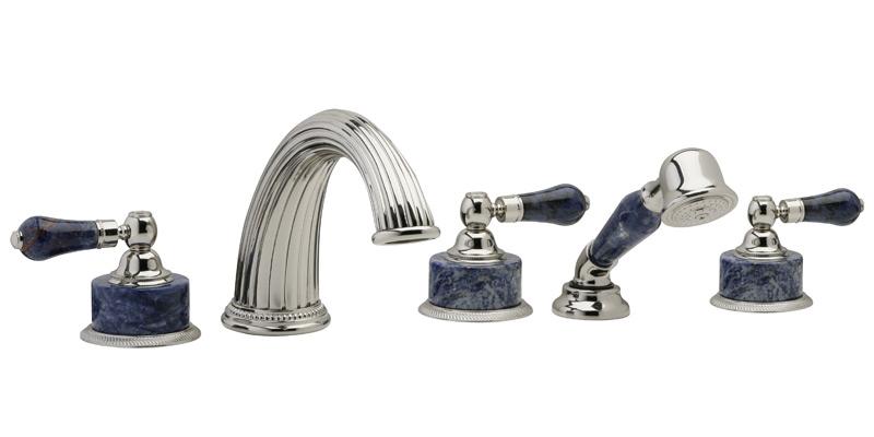 PHYLRICH K2272P1 REGENT FIVE HOLES WIDESPREAD DECK TUB SET WITH HAND SHOWER AND BLEU SODALITE LEVER HANDLES