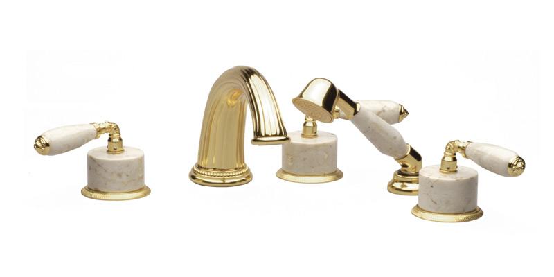 PHYLRICH K2338DP1 VALENCIA FIVE HOLES WIDESPREAD DECK TUB SET WITH HAND SHOWER AND BEIGE MARBLE LEVER HANDLES