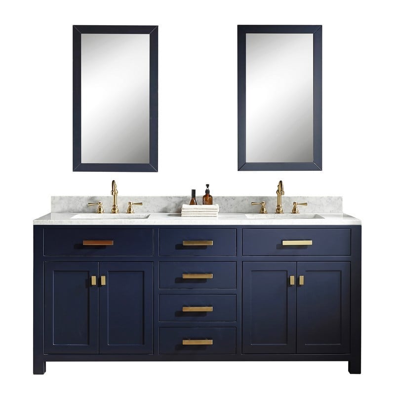 WATER-CREATION MS72CW06MB-000TL1206 MADISON 72 INCH DOUBLE SINK CARRARA WHITE MARBLE VANITY IN MONARCH BLUE WITH LAVATORY FAUCET