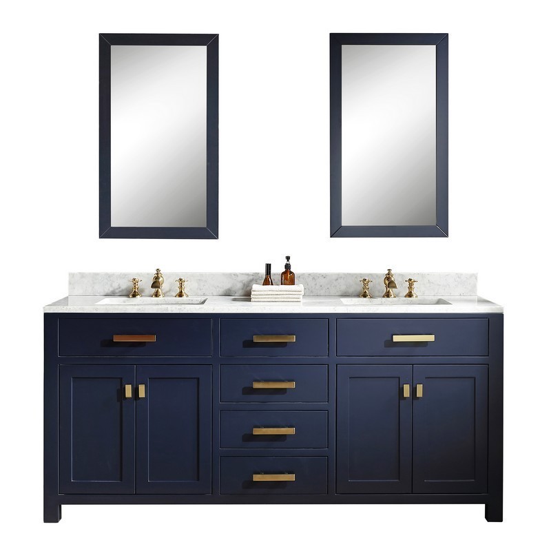 WATER-CREATION MS72CW06MB-000FX1306 MADISON 72 INCH DOUBLE SINK CARRARA WHITE MARBLE VANITY IN MONARCH BLUE WITH LAVATORY FAUCET