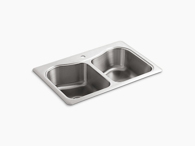 KOHLER K-3369-1-NA STACCATO 33 INCH DOUBLE BASIN TOP-MOUNT 18-GAUGE STAINLESS STEEL KITCHEN SINK WITH SILENTSHIELD