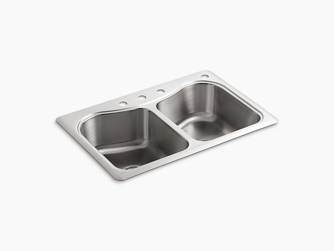 KOHLER K-3369-4-NA STACCATO 33 INCH DOUBLE BASIN TOP-MOUNT 18-GAUGE STAINLESS STEEL KITCHEN SINK WITH SILENTSHIELD