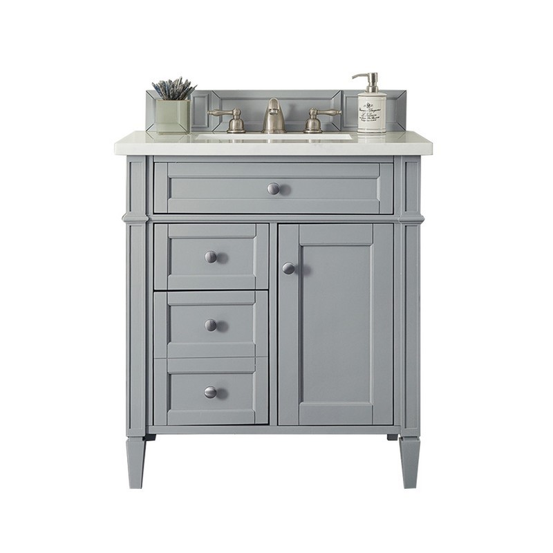 JAMES MARTIN 650-V30-UGR-3AF BRITTANY 30 INCH SINGLE VANITY IN URBAN GRAY WITH 3 CM ARCTIC FALL SOLID SURFACE TOP