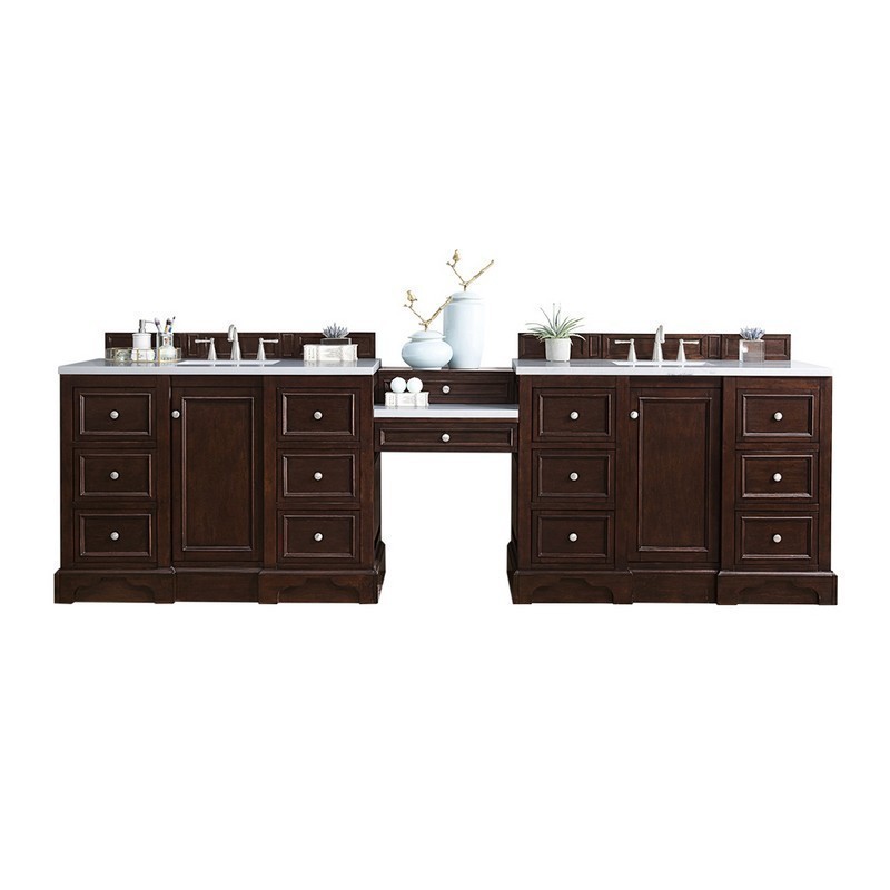 JAMES MARTIN 825-V118-BNM-DU-AF DE SOTO 118 INCH DOUBLE VANITY SET IN BURNISHED MAHOGANY WITH MAKEUP TABLE WITH 3 CM ARCTIC FALL SOLID SURFACE TOP