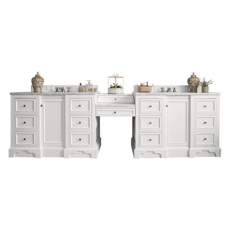 JAMES MARTIN 825-V118-BW-DU-CAR DE SOTO 118 INCH DOUBLE VANITY SET IN BRIGHT WHITE WITH MAKEUP TABLE WITH 3 CM CARRARA MARBLE TOP