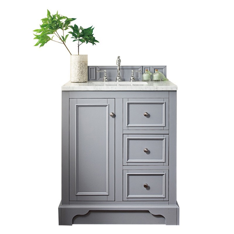 JAMES MARTIN 825-V30-SL-3AF DE SOTO 31 INCH SINGLE VANITY IN SILVER GRAY WITH 3 CM ARCTIC FALL SOLID SURFACE TOP