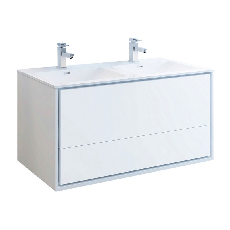 FRESCA FCB9248WH-D-I CATANIA 48 INCH GLOSSY WHITE WALL HUNG MODERN BATHROOM CABINET WITH INTEGRATED DOUBLE SINK