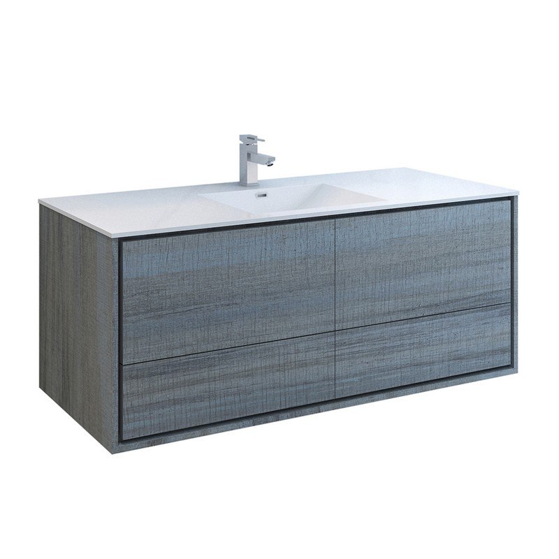 FRESCA FCB9260OG-S-I CATANIA 60 INCH OCEAN GRAY WALL HUNG MODERN BATHROOM CABINET WITH INTEGRATED SINGLE SINK