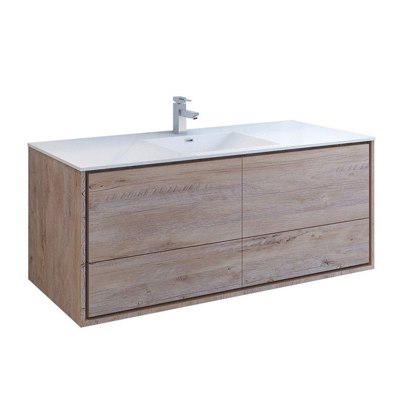 FRESCA FCB9260RNW-S-I CATANIA 60 INCH RUSTIC NATURAL WOOD WALL HUNG MODERN BATHROOM CABINET WITH INTEGRATED SINGLE SINK