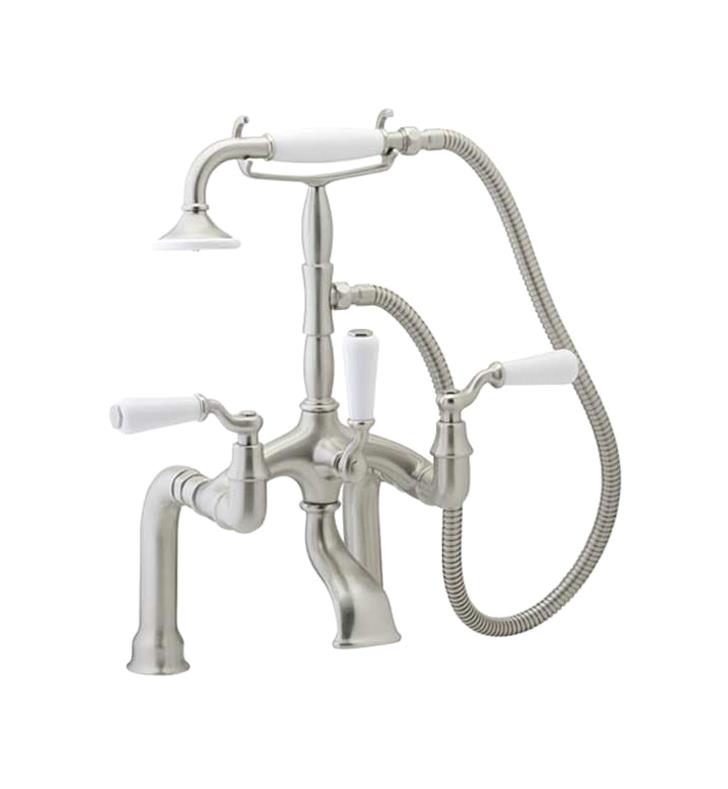 PHYLRICH K2393D OLD TYME TWO HOLES DECK MOUNT EXPOSED TUB FILLER WITH HAND SHOWER AND PORCELAIN LEVER HANDLES