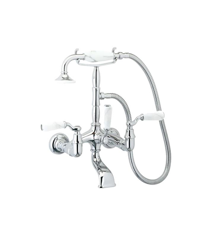 PHYLRICH K2394B OLD TYME TWO HOLES WALL MOUNT EXPOSED TUB FILLER WITH HAND SHOWER AND WHITE MARBLE LEVER HANDLES