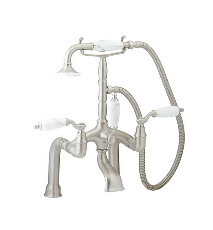 PHYLRICH K2394BD OLD TYME TWO HOLES DECK MOUNT EXPOSED TUB FILLER WITH HAND SHOWER AND WHITE MARBLE LEVER HANDLES