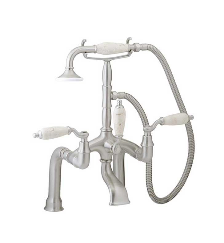 PHYLRICH K2394DD OLD TYME TWO HOLES DECK MOUNT EXPOSED TUB FILLER WITH HAND SHOWER AND BEIGE MARBLE LEVER HANDLES