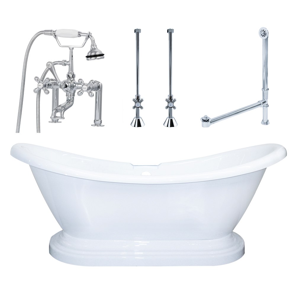 CAMBRIDGE PLUMBING ADES-PED-463D-6-PKG-7DH 68 INCH DOUBLE ENDED SLIPPER PEDESTAL BATHTUB WITH 7 INCH DESK MOUNT FAUCET DRILLINGS AND COMPLETE PLUMBING PACKAGE