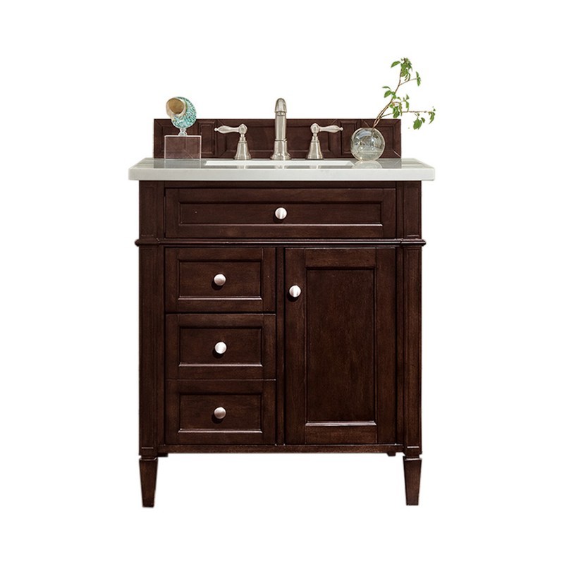 JAMES MARTIN 650-V30-BNM-3AF BRITTANY 30 INCH SINGLE VANITY IN BURNISHED MAHOGANY WITH 3 CM ARCTIC FALL SOLID SURFACE TOP