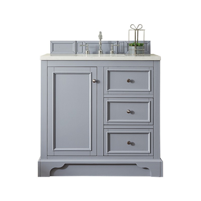 JAMES MARTIN 825-V36-SL-3AF DE SOTO 37 INCH SINGLE VANITY IN SILVER GRAY WITH 3 CM ARCTIC FALL SOLID SURFACE TOP