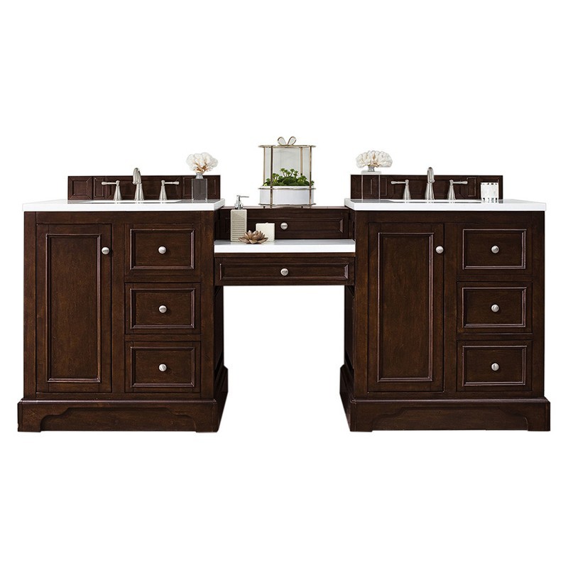 JAMES MARTIN 825-V82-BNM-DU-AF DE SOTO 83 INCH DOUBLE VANITY SET IN BURNISHED MAHOGANY WITH MAKEUP TABLE WITH 3 CM ARCTIC FALL SOLID SURFACE TOP