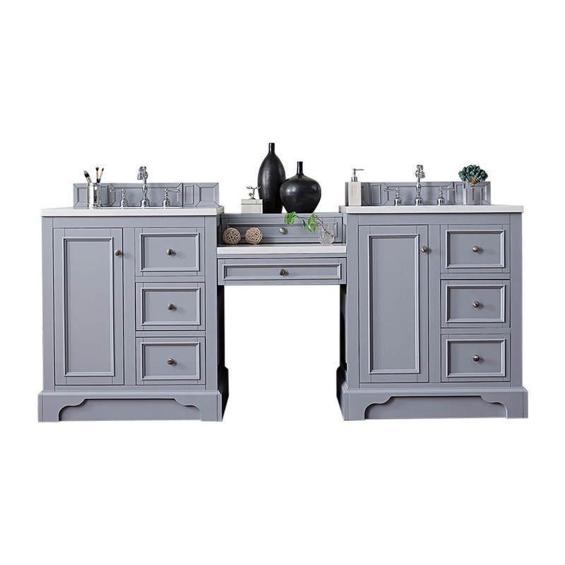 JAMES MARTIN 825-V82-SL-DU-AF DE SOTO 83 INCH DOUBLE VANITY SET IN SILVER GRAY WITH MAKEUP TABLE WITH 3 CM ARCTIC FALL SOLID SURFACE TOP