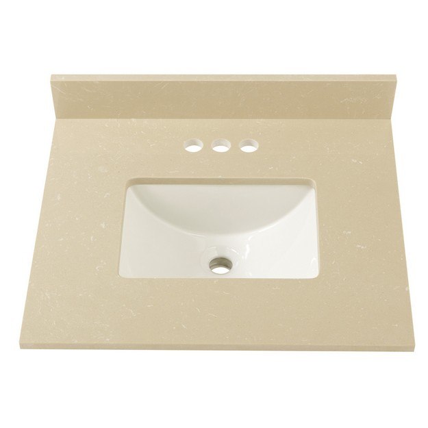 CAHABA CAVT0213 25 X 22 INCH CREMA LIMESTONE ENGINEERED MARBLE VANITY TOP WITH TROUGH BOWL AND 4 INCH FAUCET SPREAD