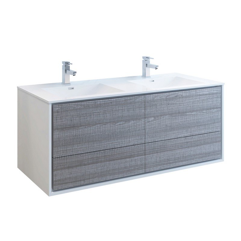 FRESCA FCB9260HA-D-I CATANIA 60 INCH GLOSSY ASH GRAY WALL HUNG MODERN BATHROOM CABINET WITH INTEGRATED DOUBLE SINK