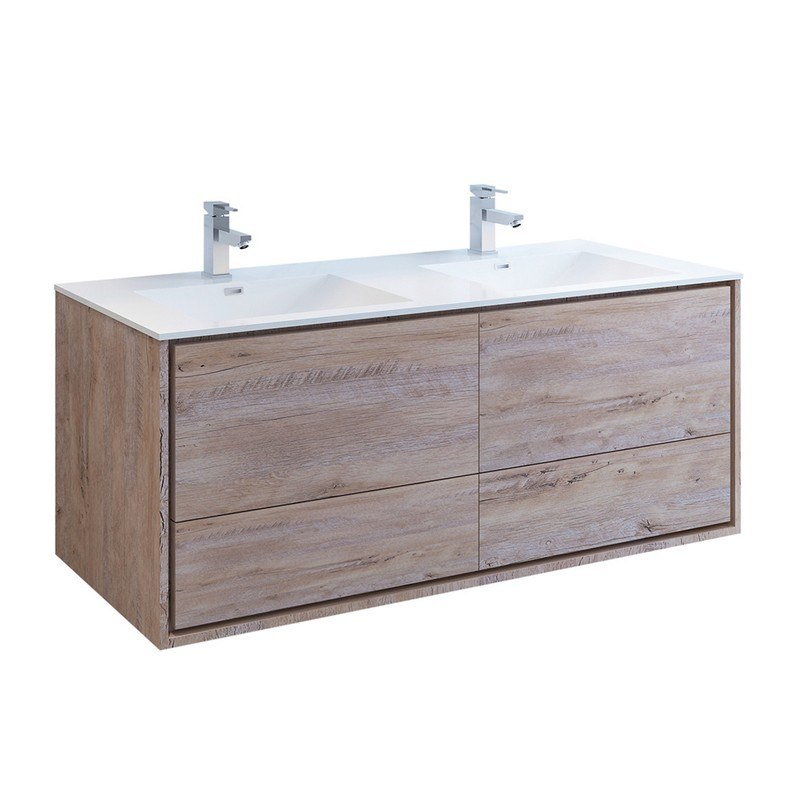 FRESCA FCB9260RNW-D-I CATANIA 60 INCH RUSTIC NATURAL WOOD WALL HUNG MODERN BATHROOM CABINET WITH INTEGRATED DOUBLE SINK