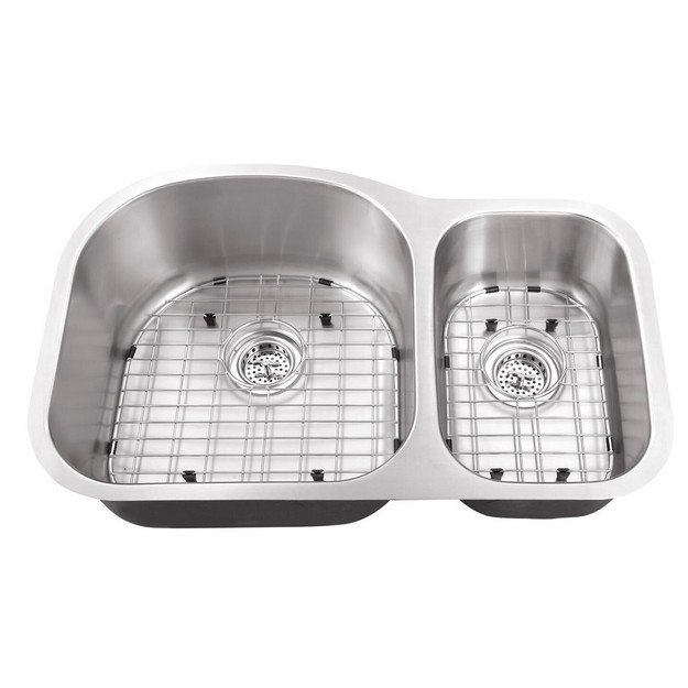 CAHABA CA122432 31-1/2 INCH 18 GAUGE STAINLESS STEEL DOUBLE BOWL 70/30 KITCHEN SINK WITH GRID SET AND DRAIN ASSEMBLIES