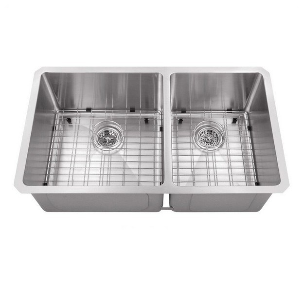 CAHABA CA221232 32 INCH 16 GAUGE STAINLESS STEEL 60/40 KITCHEN SINK WITH GRID SET AND DRAIN ASSEMBLIES