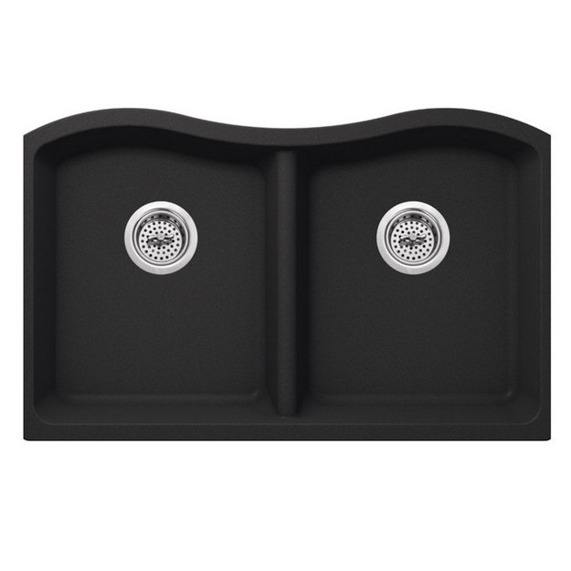 CAHABA CA3241E33-B 32-1/2 INCH QUARTZ 50/50 DOUBLE BOWL KITCHEN SINK IN ONYX BLACK WITH TWIST AND LOCK STRAINER