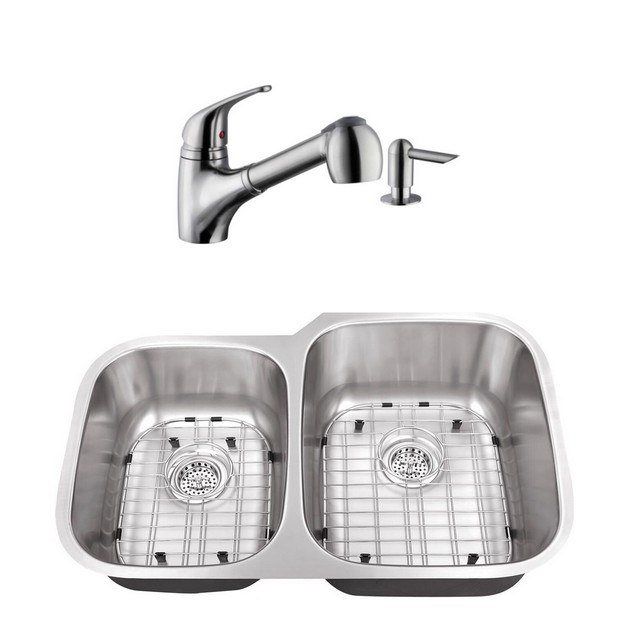 CAHABA CASC0005 32 INCH 18 GAUGE STAINLESS STEEL DOUBLE BOWL 40/60 KITCHEN SINK WITH LOW PROFILE PULL OUT KITCHEN FAUCET AND SOAP DISPENSER