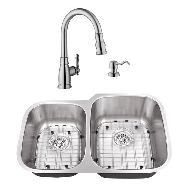 CAHABA CASC0006 32 INCH 18 GAUGE STAINLESS STEEL DOUBLE BOWL 40/60 KITCHEN SINK WITH GOOSENECK PULL OUT KITCHEN FAUCET AND SOAP DISPENSER