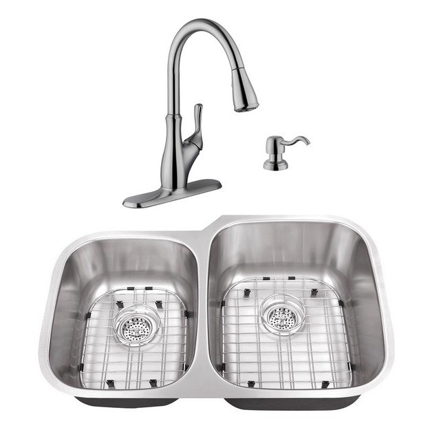 CAHABA CASC0007 32 INCH 18 GAUGE STAINLESS STEEL DOUBLE BOWL 40/60 KITCHEN SINK WITH GOOSENECK PULL OUT KITCHEN FAUCET AND SOAP DISPENSER