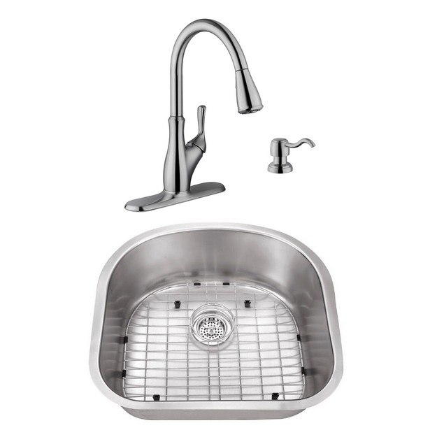 CAHABA CASC0039 23 INCH 18 GAUGE STAINLESS STEEL SINGLE BOWL KITCHEN SINK WITH GOOSENECK PULL OUT KITCHEN FAUCET AND SOAP DISPENSER