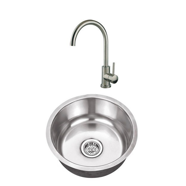 CAHABA CASC0049 17 INCH 18 GAUGE STAINLESS STEEL SINGLE BOWL ROUND BAR SINK WITH GOOSENECK KITCHEN FAUCET