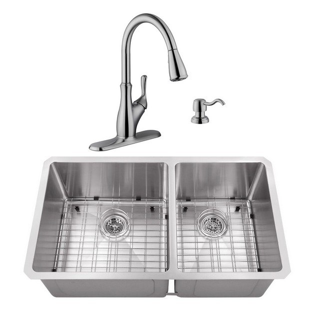 CAHABA CASC0076 32 INCH 16 GAUGE STAINLESS STEEL HANDMADE 60/40 KITCHEN SINK WITH GOOSENECK PULL OUT KITCHEN FAUCET AND SOAP DISPENSER