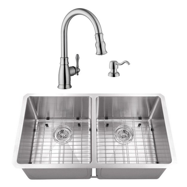 Cahaba Casc0079 32 Inch 16 Gauge Stainless Steel Handmade 50 50 Kitchen Sink With Gooseneck Pull Out Kitchen Faucet And Soap Dispenser