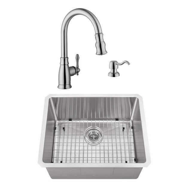 CAHABA CASC0087 23 INCH 16 GAUGE STAINLESS STEEL HANDMADE SINGLE BOWL BAR SINK WITH GOOSENECK PULL OUT KITCHEN FAUCET AND SOAP DISPENSER