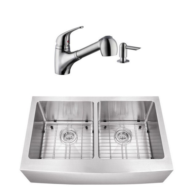 CAHABA CASC0100 33 INCH 16 GAUGE STAINLESS STEEL APRON FRONT FARMHOUSE 50/50 KITCHEN SINK WITH LOW PROFILE PULL OUT KITCHEN FAUCET AND SOAP DISPENSER
