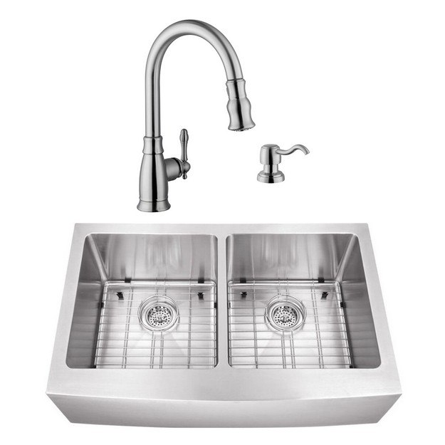 CAHABA CASC0101 33 INCH 16 GAUGE STAINLESS STEEL APRON FRONT FARMHOUSE 50/50 KITCHEN SINK WITH GOOSENECK PULL OUT KITCHEN FAUCET AND SOAP DISPENSER
