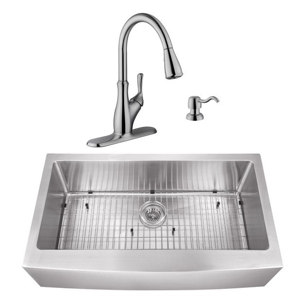 CAHABA CASC0102 33 INCH 16 GAUGE STAINLESS STEEL APRON FRONT FARMHOUSE 50/50 KITCHEN SINK WITH GOOSENECK PULL OUT KITCHEN FAUCET AND SOAP DISPENSER